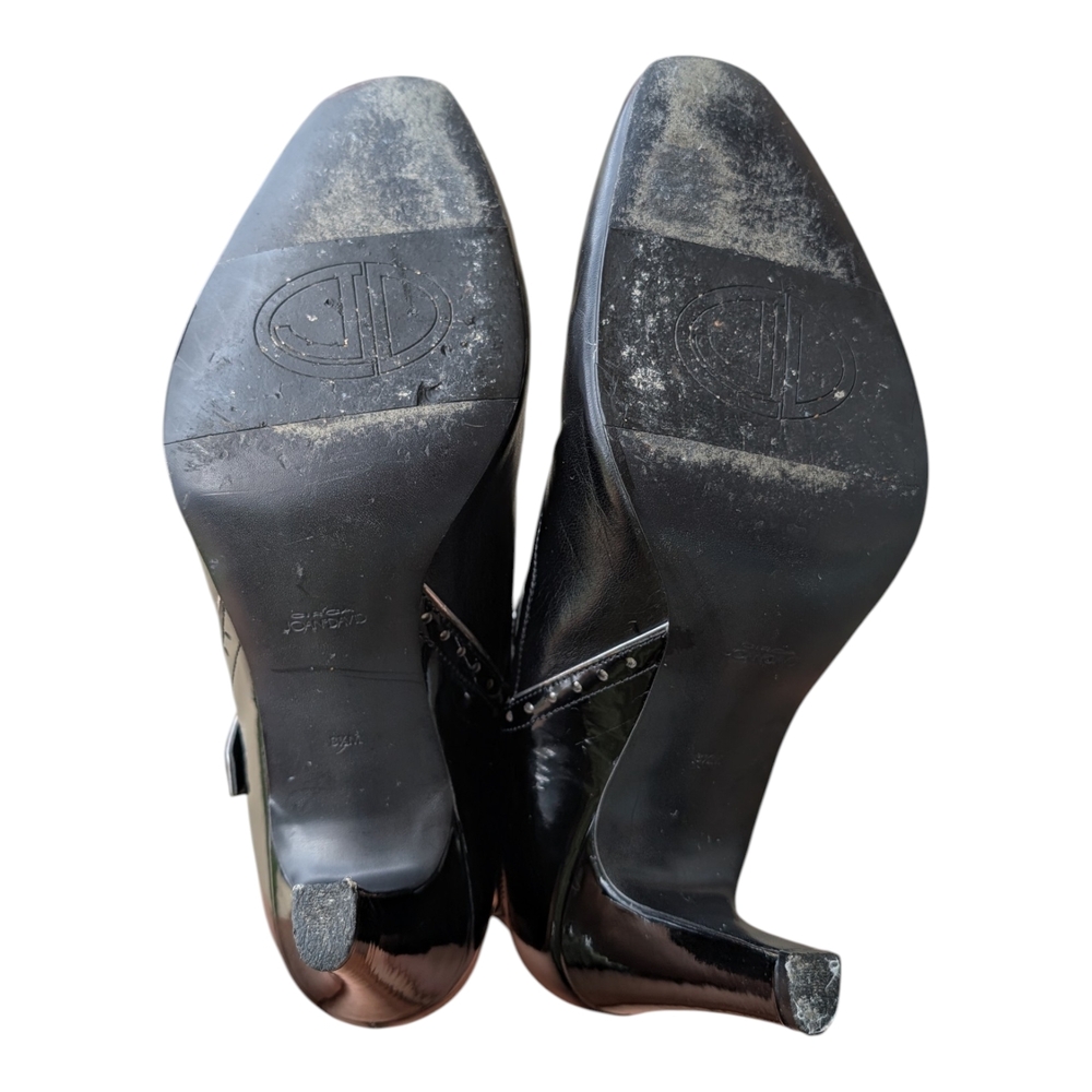 Joan & David Black Leather Heeled Ankle Boots with Studded Strap - Picture 5 of 6